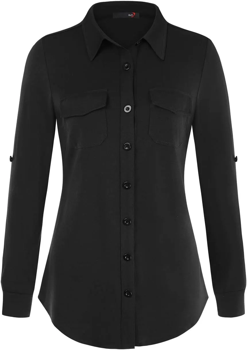 DJT Womens Soft Stretchy Knit Plaid Shirts Roll Up Long Sleeve Collared Button Down Blouses Tops