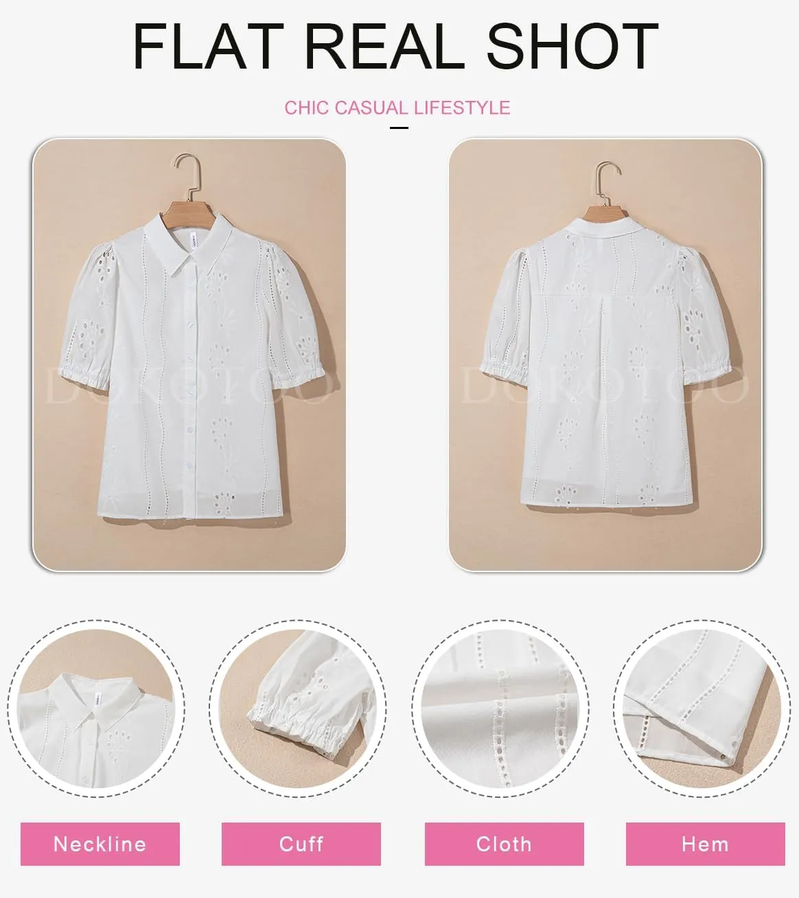 Dokotoo Women's Summer Tops Dressy Casual V Neck Short Sleeve Button Up Hollow Out Eyelet Lace Embroidered Blouses Shirts