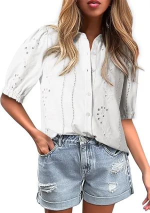 Dokotoo Women's Summer Tops Dressy Casual V Neck Short Sleeve Button Up Hollow Out Eyelet Lace Embroidered Blouses Shirts