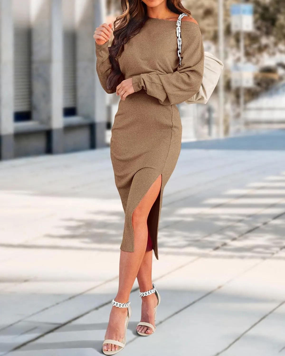 dowerme Women's 2 Piece Outfits 2025 Spring Long Sleeve Boat Neck Tops High Slit Bodycon Midi Ribbed Knit Skirt Sets