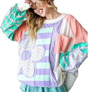 DSORVICD Women Vintage Floral Sweatshirt Y2k Oversized Color Block Blouse Patchwork Long Sleeve Top Cute Graphic Pullover Top