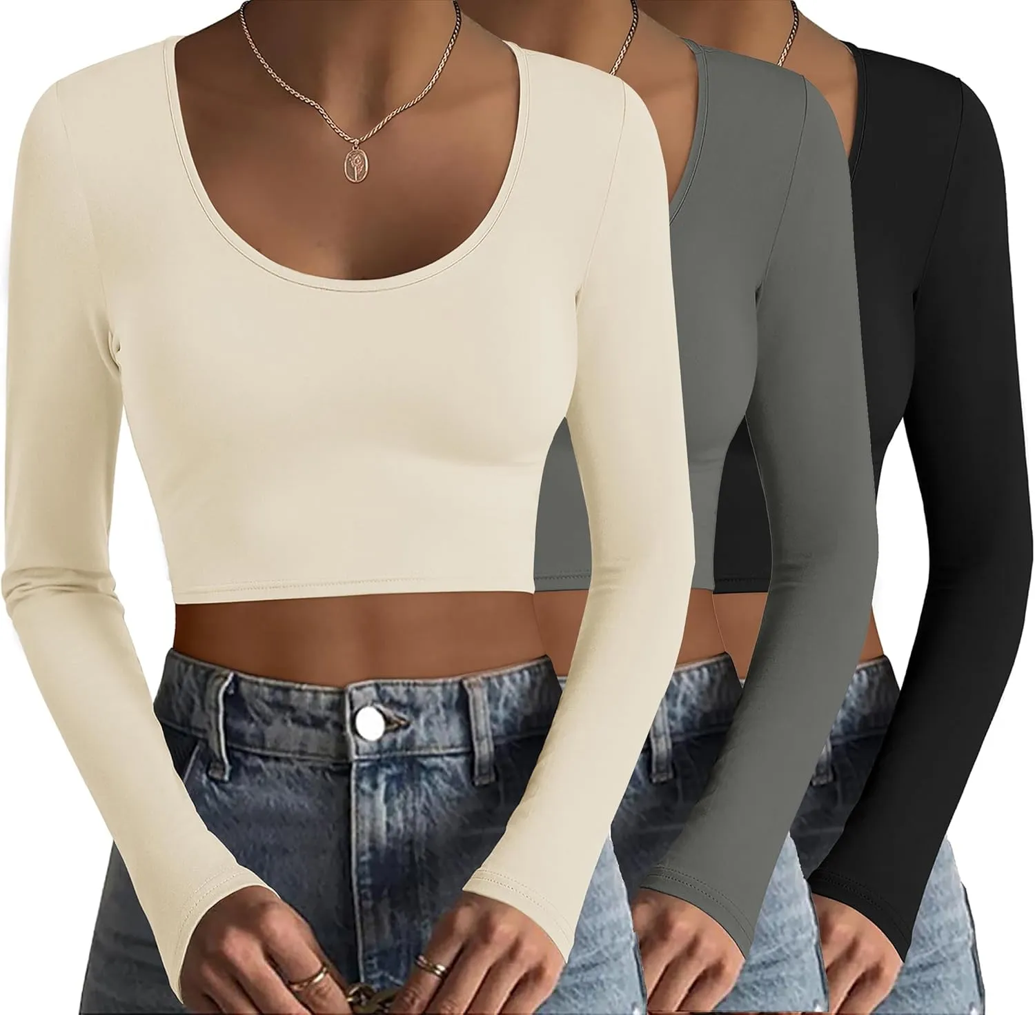 Ekouaer 3 Piece Long Sleeve Crop Tops for Women Scroop Neck Base Layer Basic Thermal Undershirts S-XXL