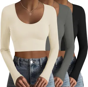 Ekouaer 3 Piece Long Sleeve Crop Tops for Women Scroop Neck Base Layer Basic Thermal Undershirts S-XXL