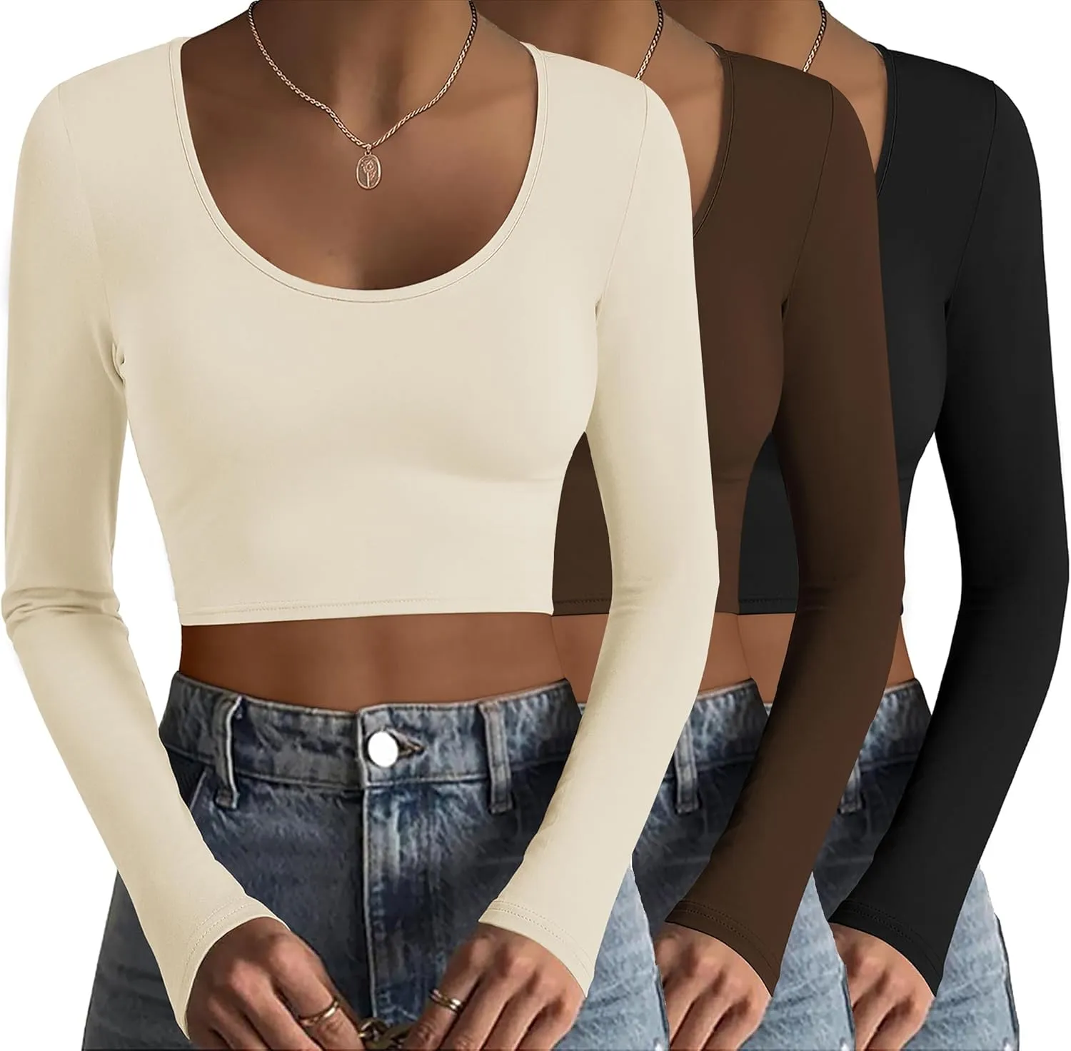 Ekouaer 3 Piece Long Sleeve Crop Tops for Women Scroop Neck Base Layer Basic Thermal Undershirts S-XXL