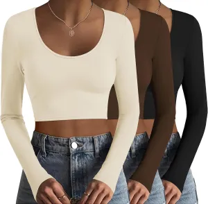 Ekouaer 3 Piece Long Sleeve Crop Tops for Women Scroop Neck Base Layer Basic Thermal Undershirts S-XXL