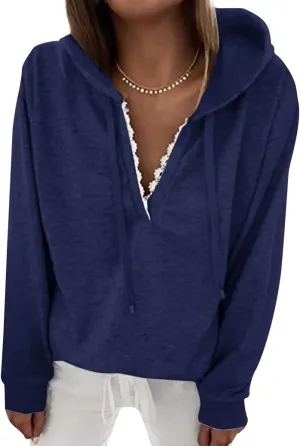 Ezcosplay Women Casual V Neck Hoodies Oversized Sweatshirt Long Sleeve Pullover Tops