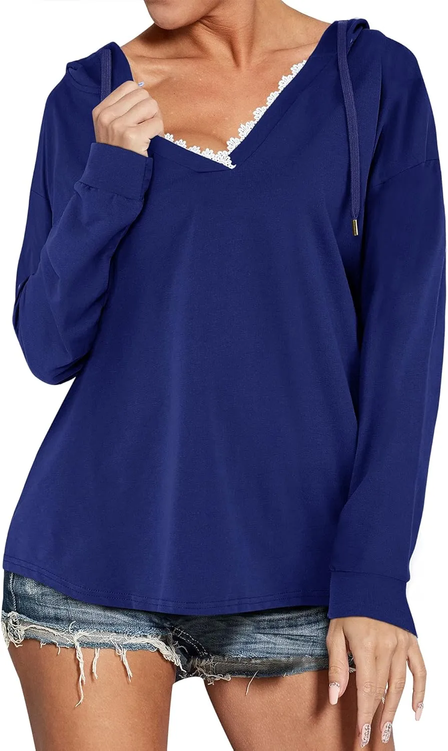 Ezcosplay Women Casual V Neck Hoodies Oversized Sweatshirt Long Sleeve Pullover Tops