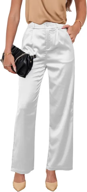 Fakanhui Women's Satin Wide Leg Pant Party Dress Casual Sparkle High Waisted Long Pants Clubwear