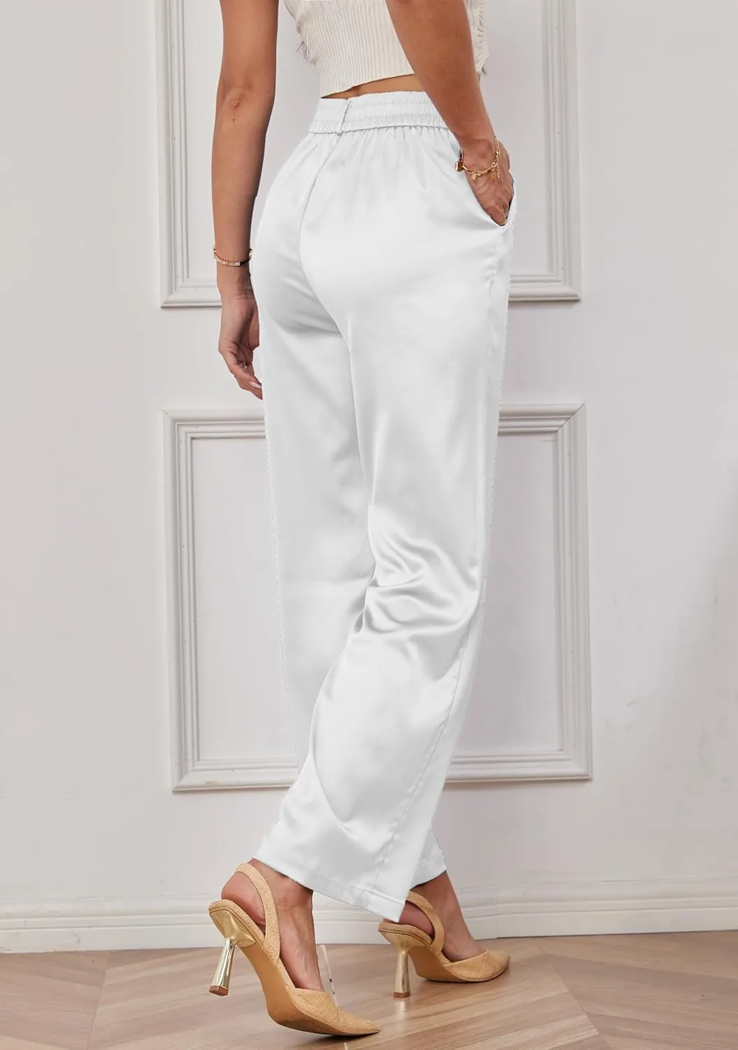 Fakanhui Women's Satin Wide Leg Pant Party Dress Casual Sparkle High Waisted Long Pants Clubwear