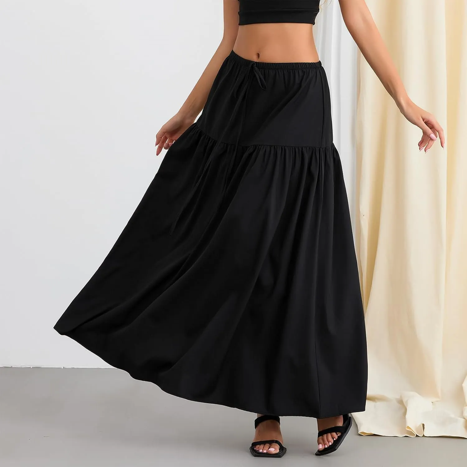 Fanvereka Women's Solid Color Linen Low Rise Boho Maxi Skirts Elastic Drawstring Waist Long Tiered Flowy Skirt for Vacation