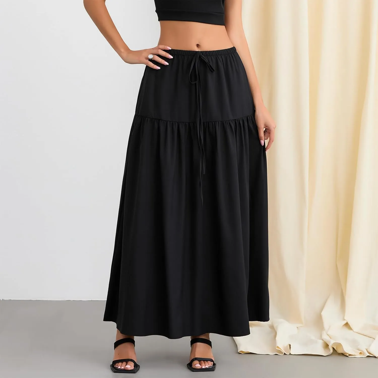 Fanvereka Women's Solid Color Linen Low Rise Boho Maxi Skirts Elastic Drawstring Waist Long Tiered Flowy Skirt for Vacation
