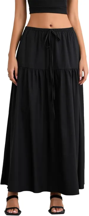 Fanvereka Women's Solid Color Linen Low Rise Boho Maxi Skirts Elastic Drawstring Waist Long Tiered Flowy Skirt for Vacation