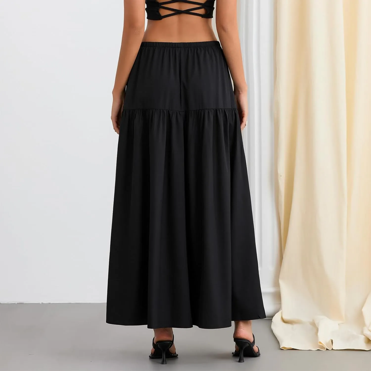 Fanvereka Women's Solid Color Linen Low Rise Boho Maxi Skirts Elastic Drawstring Waist Long Tiered Flowy Skirt for Vacation