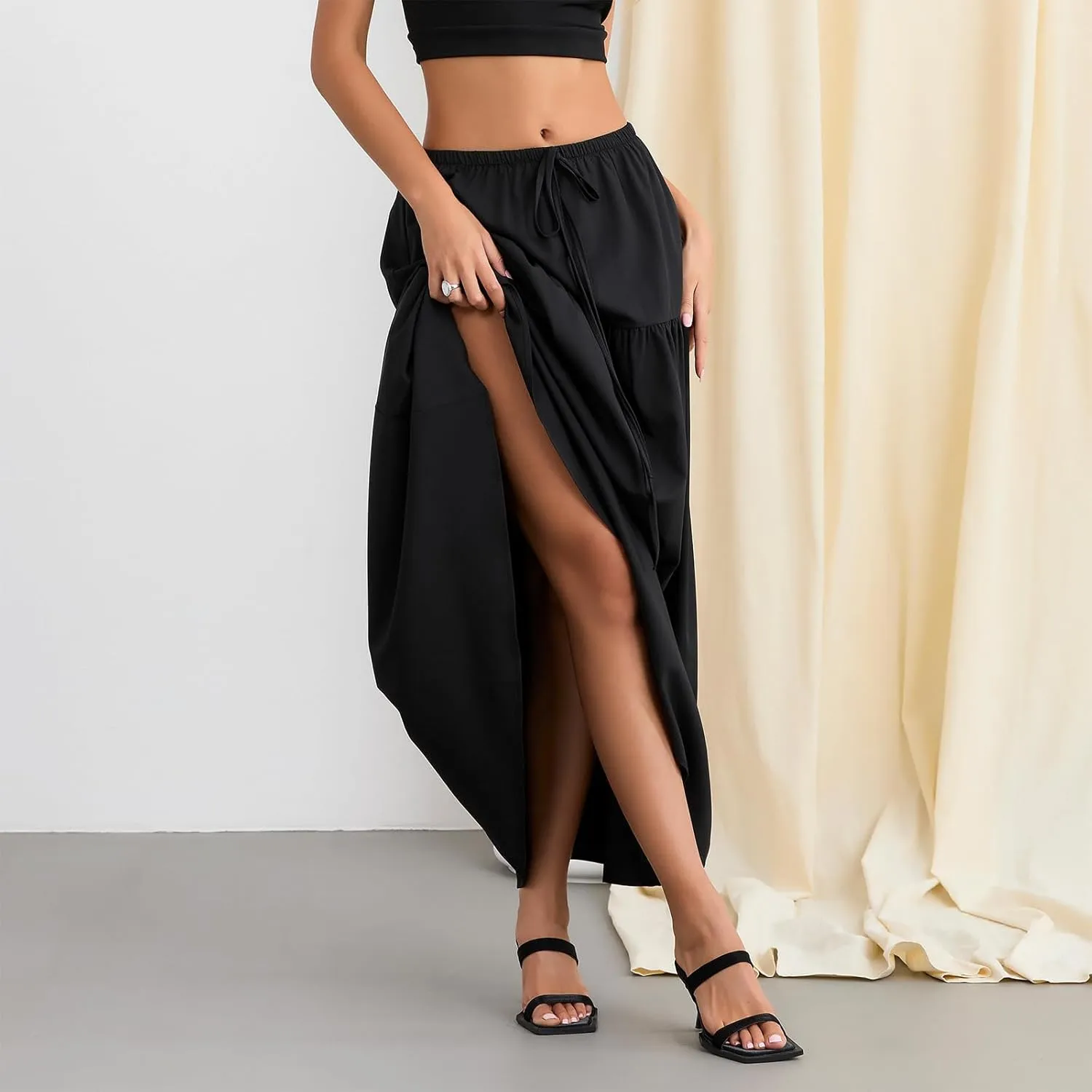 Fanvereka Women's Solid Color Linen Low Rise Boho Maxi Skirts Elastic Drawstring Waist Long Tiered Flowy Skirt for Vacation