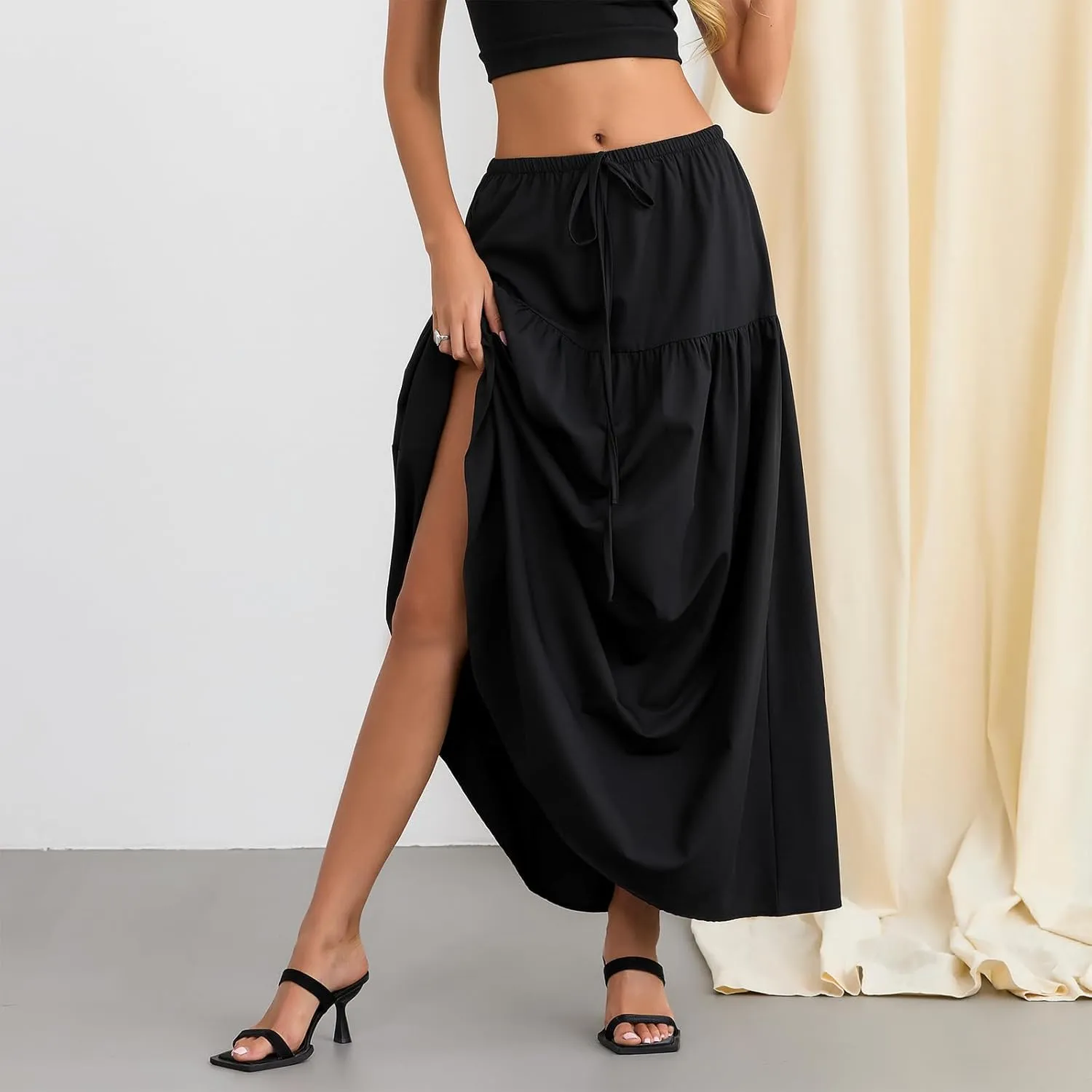 Fanvereka Women's Solid Color Linen Low Rise Boho Maxi Skirts Elastic Drawstring Waist Long Tiered Flowy Skirt for Vacation