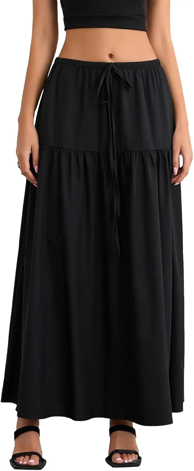 Fanvereka Women's Solid Color Linen Low Rise Boho Maxi Skirts Elastic Drawstring Waist Long Tiered Flowy Skirt for Vacation