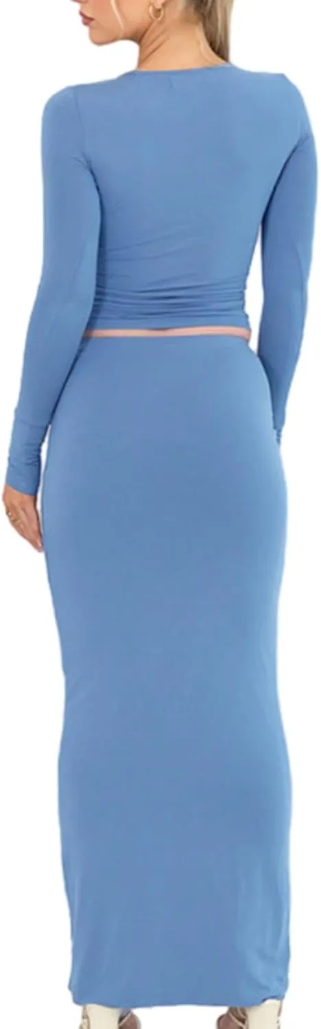Faretumiya Two Piece Outfit Maxi Skirt Tracksuit Women Long Sleeve Bodycon Crop Top and Elastic Aline Maxi Skirt Set Party