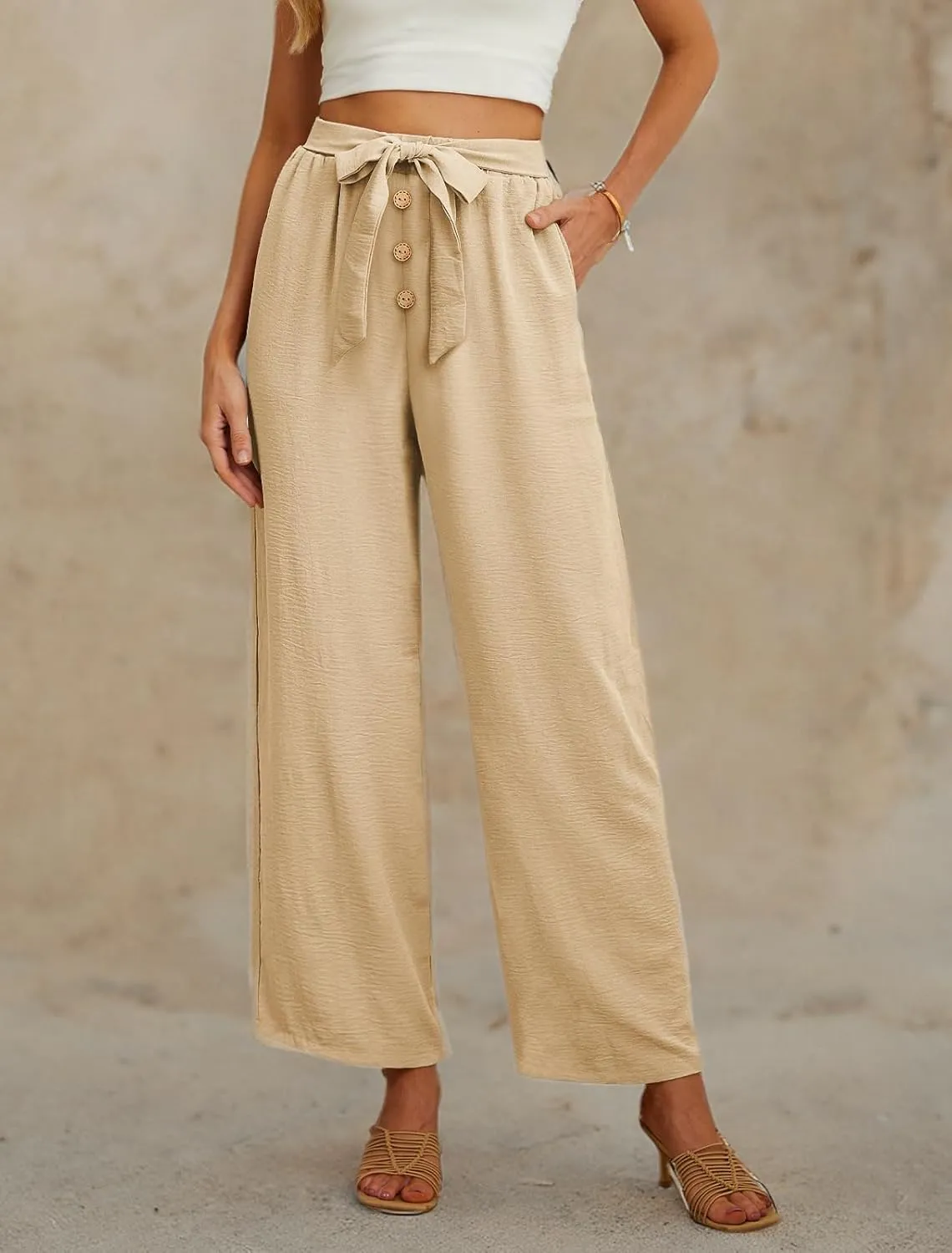 Feiersi Women's Wide Leg Lounge Pants High Waist Button Palazzo Pants Lightweight Tie Knot Loose Trousers