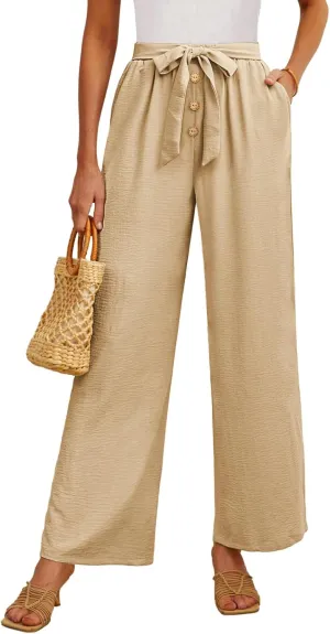 Feiersi Women's Wide Leg Lounge Pants High Waist Button Palazzo Pants Lightweight Tie Knot Loose Trousers