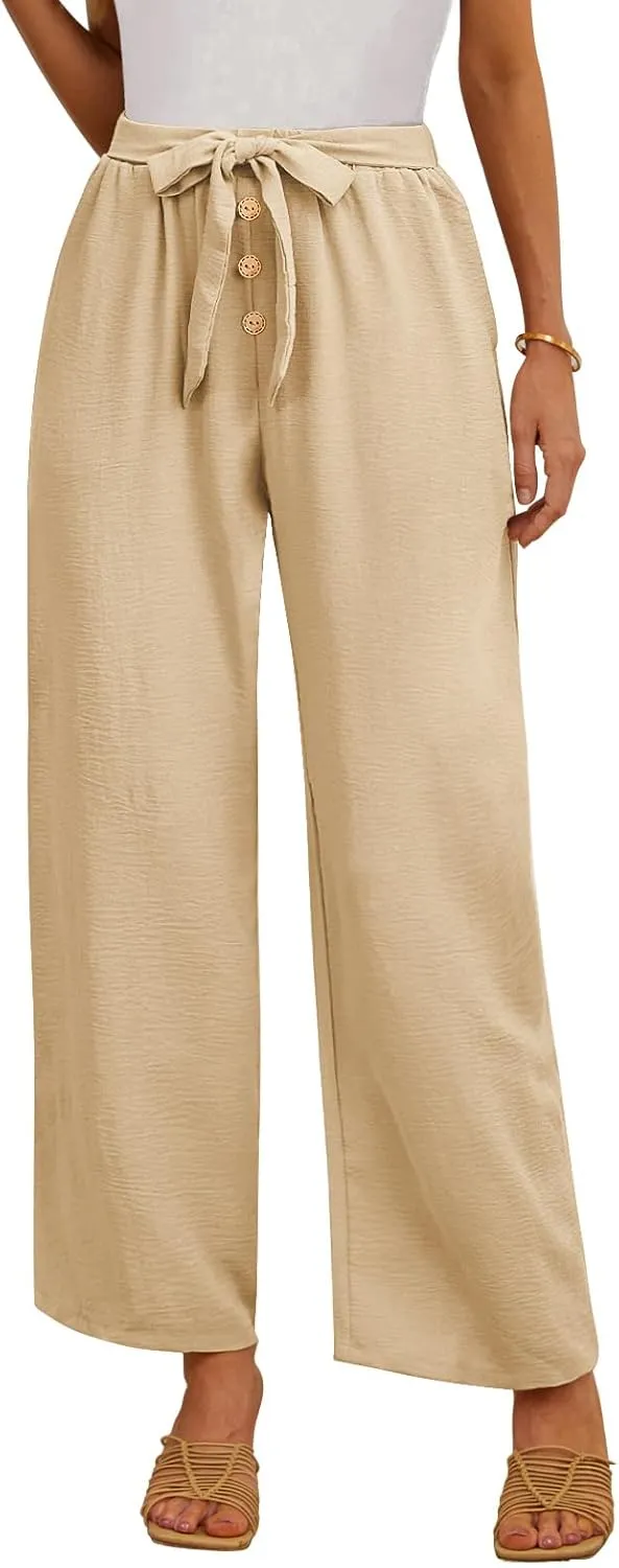 Feiersi Women's Wide Leg Lounge Pants High Waist Button Palazzo Pants Lightweight Tie Knot Loose Trousers
