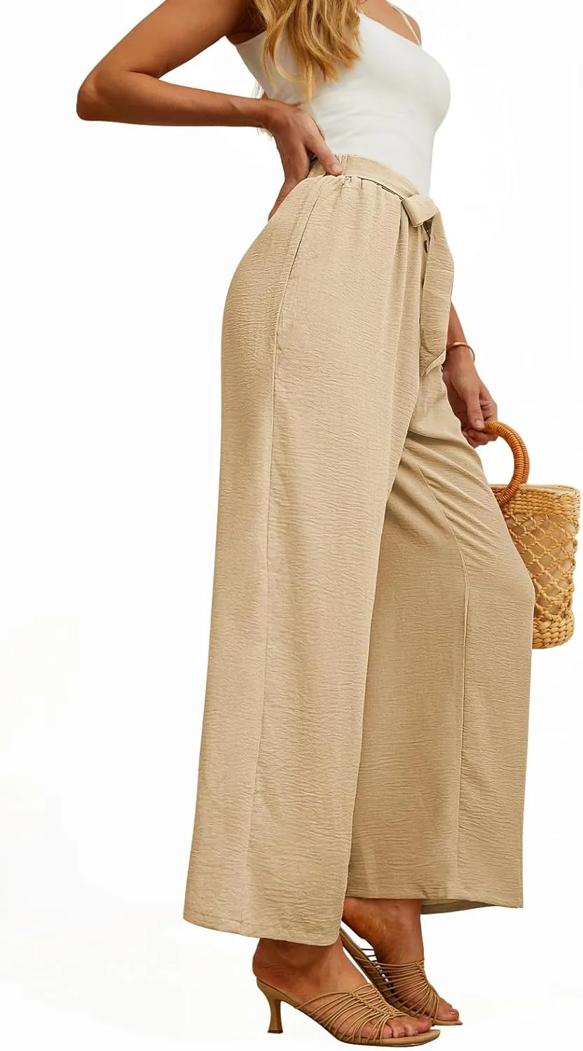 Feiersi Women's Wide Leg Lounge Pants High Waist Button Palazzo Pants Lightweight Tie Knot Loose Trousers