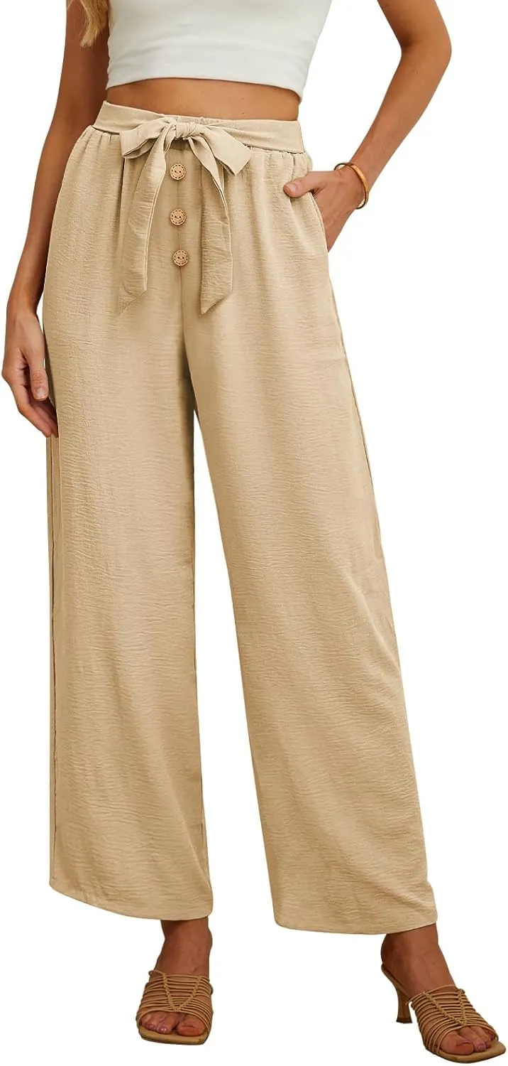 Feiersi Women's Wide Leg Lounge Pants High Waist Button Palazzo Pants Lightweight Tie Knot Loose Trousers