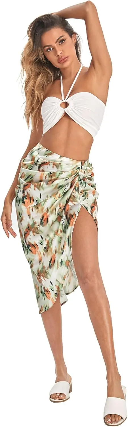 Floerns Women's Boho Floral Print Split Thigh Satin Ruched Midi Skirt