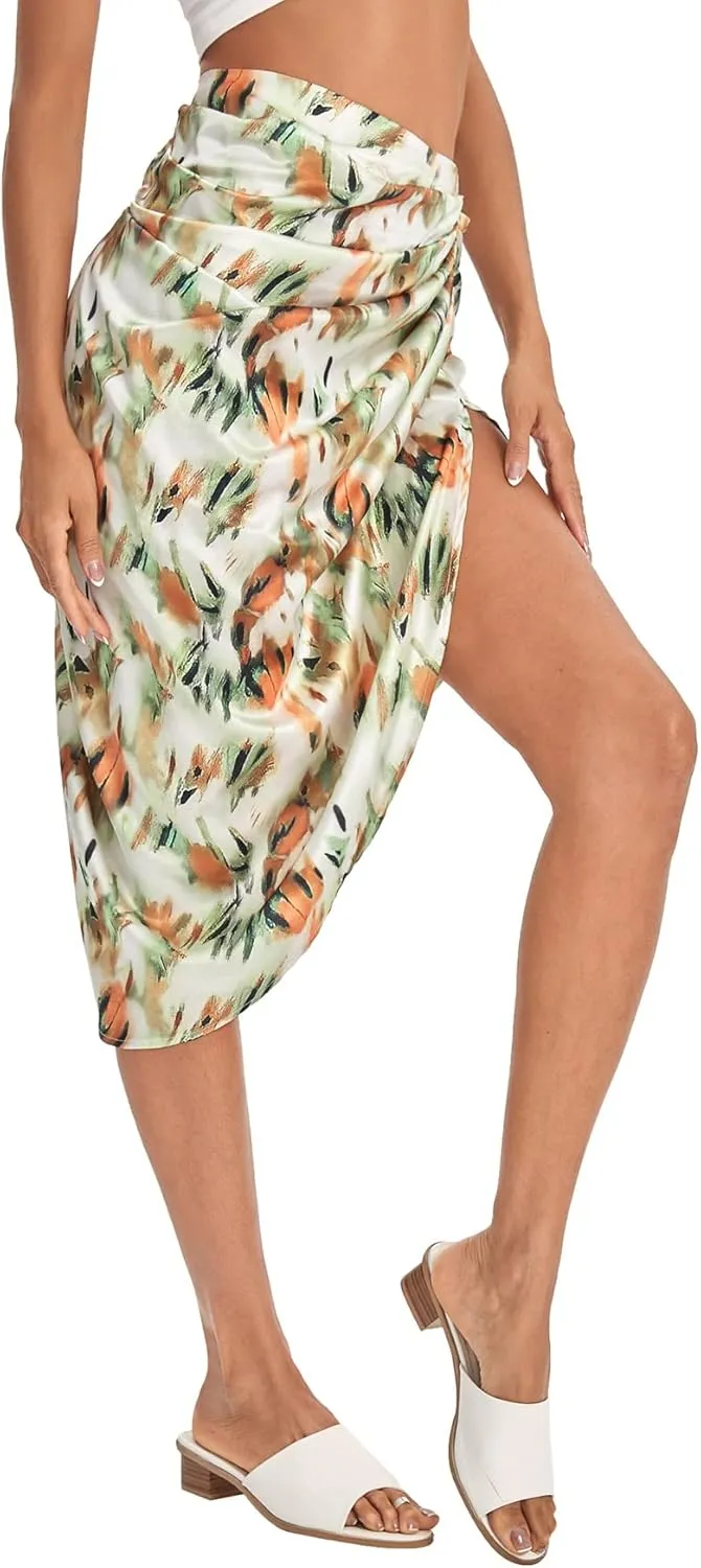 Floerns Women's Boho Floral Print Split Thigh Satin Ruched Midi Skirt