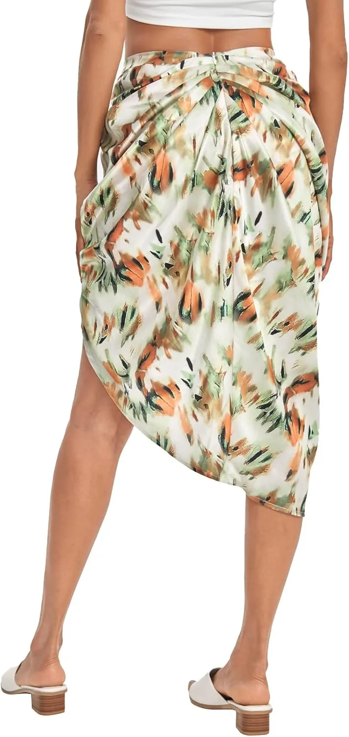Floerns Women's Boho Floral Print Split Thigh Satin Ruched Midi Skirt