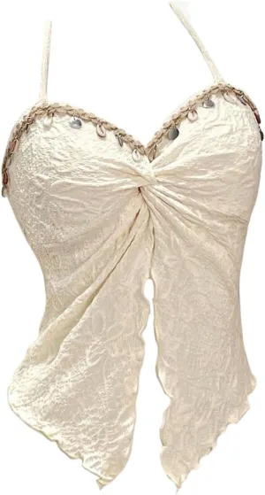 Floerns Women's Sleeveless Twist Front Halter Tops Vacation Slit Backless Camisole