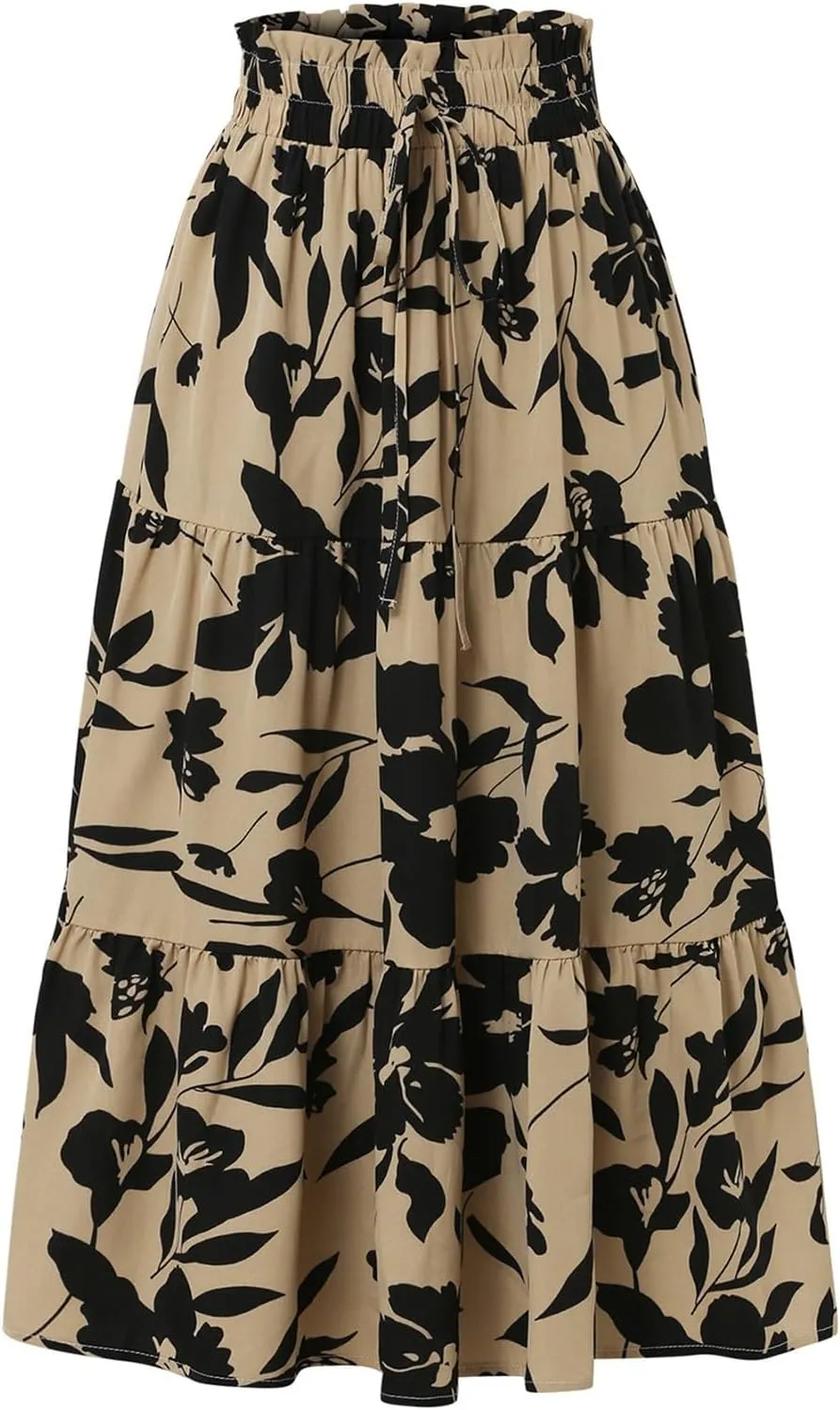 Floral Skirts for Women Midi Length Summer Beach Flowy Boho Maxi Skirt Elastic Waist A Line Tiered Pleated Midi Skirt