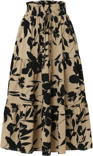 Floral Skirts for Women Midi Length Summer Beach Flowy Boho Maxi Skirt Elastic Waist A Line Tiered Pleated Midi Skirt