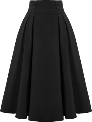 Flowy Pleated Midi Skirt for Women Elastic High Waist Summer Solid Color Retro Skirts Elegant Party Skirt