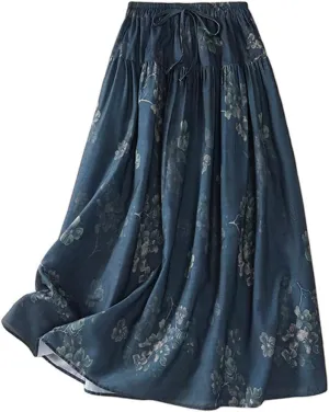 GGUHHU Womens Elegant Stretched High Waist A-Line Long Floral Skirts Pleated Swing Midiskirts