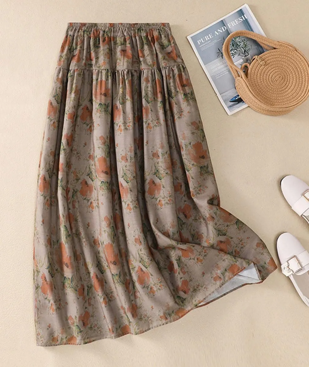 GGUHHU Womens Elegant Stretched High Waist A-Line Long Floral Skirts Pleated Swing Midiskirts
