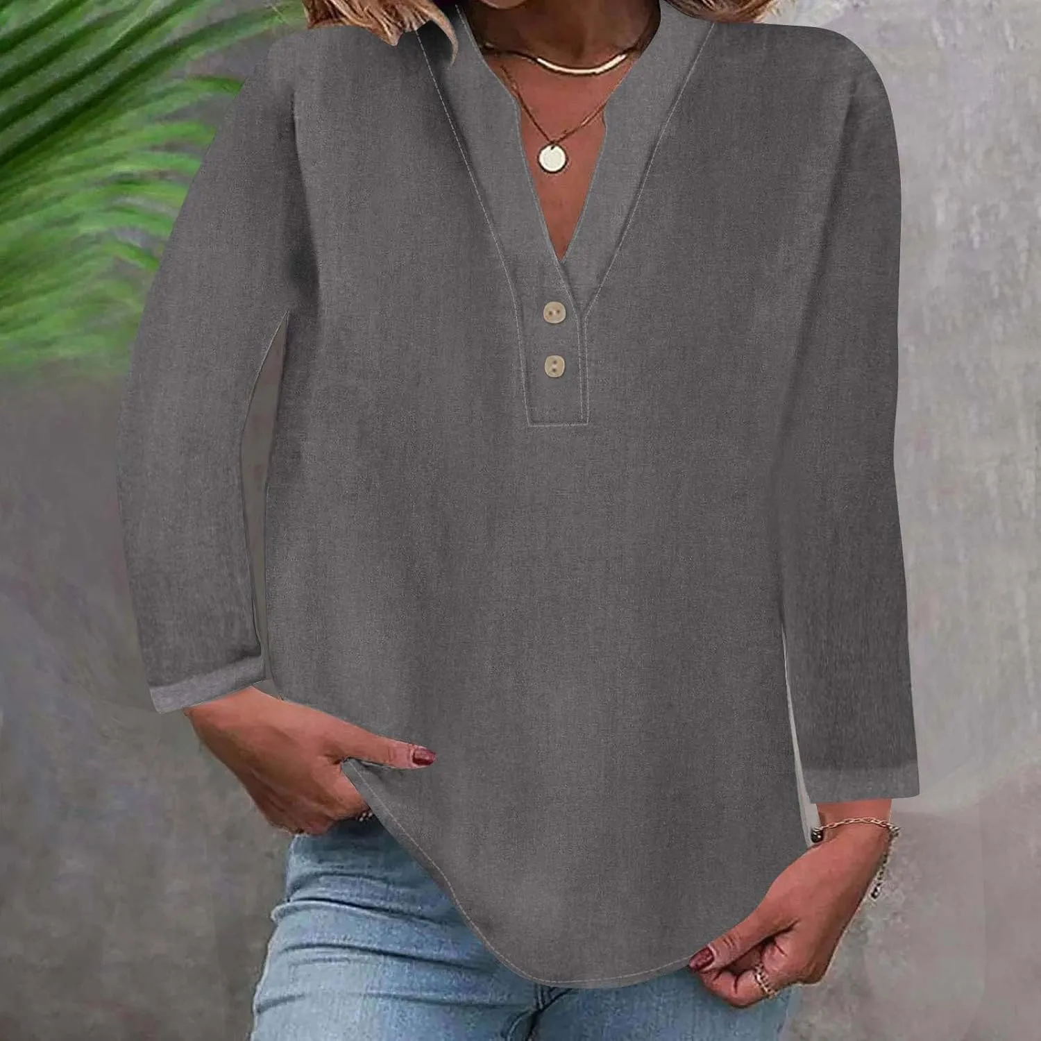 Going Out Tops for Women V Neck Long Sleeve Top Button Down Plain Blouses Cotton Loose Fit Shirts Womens Fashion