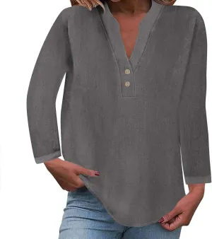 Going Out Tops for Women V Neck Long Sleeve Top Button Down Plain Blouses Cotton Loose Fit Shirts Womens Fashion