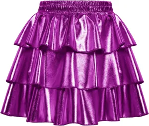 GRACE KARIN Girls Metallic Party Skirt Girls Fashion 3 Layer Ruffle Skirt 5-14Y