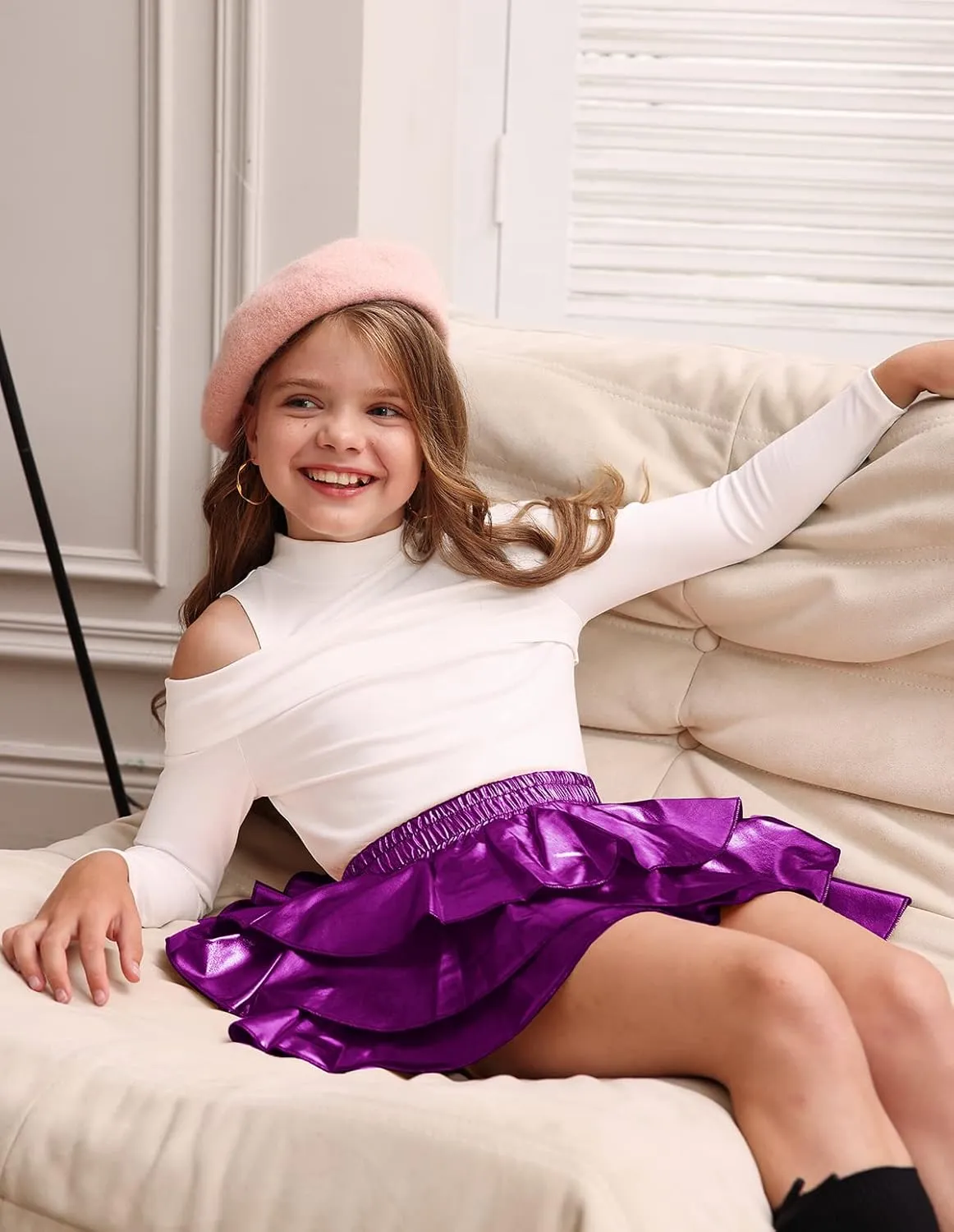 GRACE KARIN Girls Metallic Party Skirt Girls Fashion 3 Layer Ruffle Skirt 5-14Y