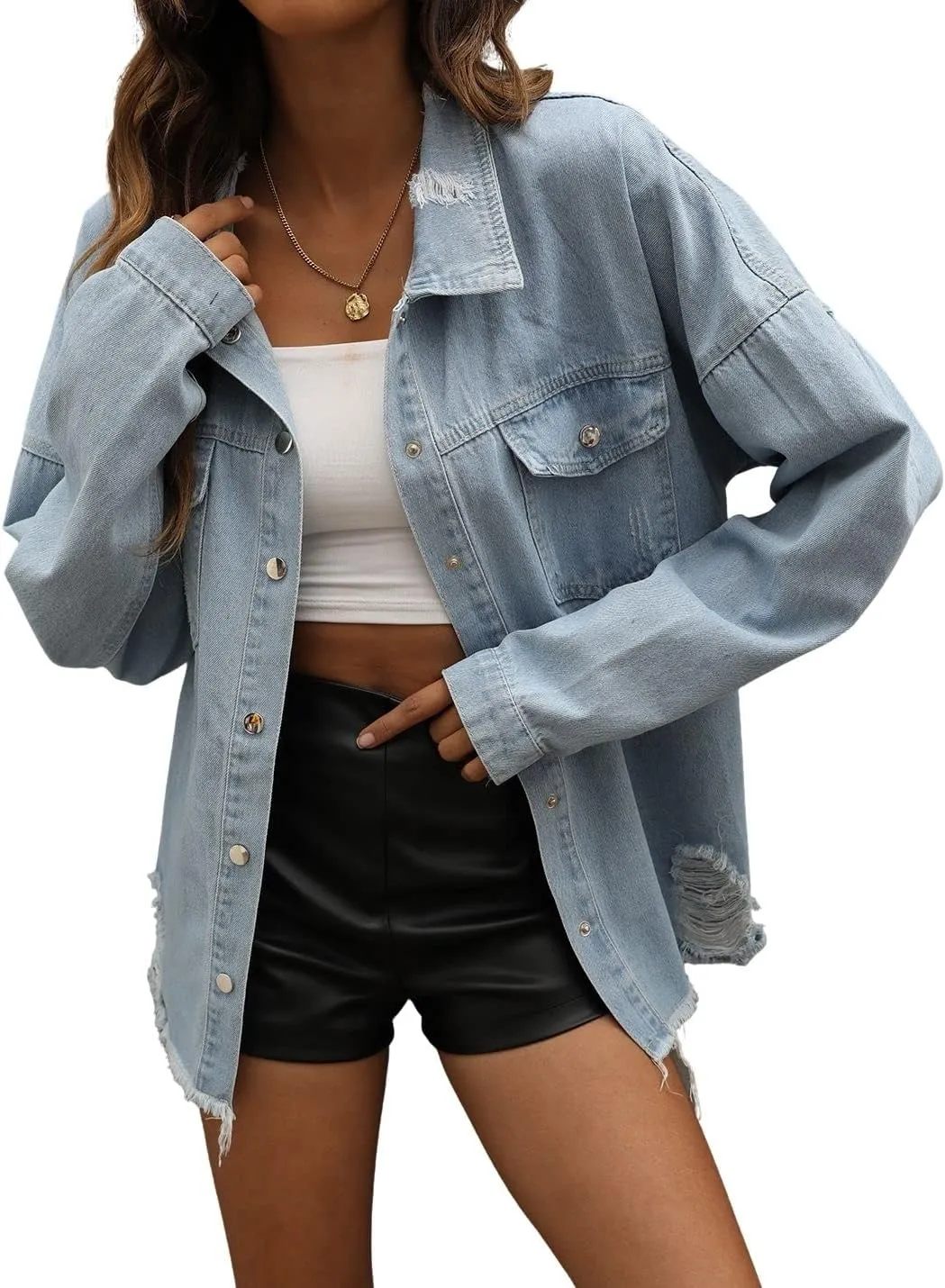 happlan Women's Ripped Distressed Casual Denim Jacket Jeans Coat Plus Size Oversize