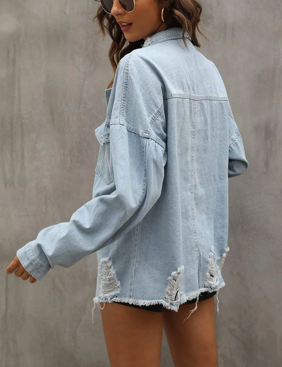 happlan Women's Ripped Distressed Casual Denim Jacket Jeans Coat Plus Size Oversize