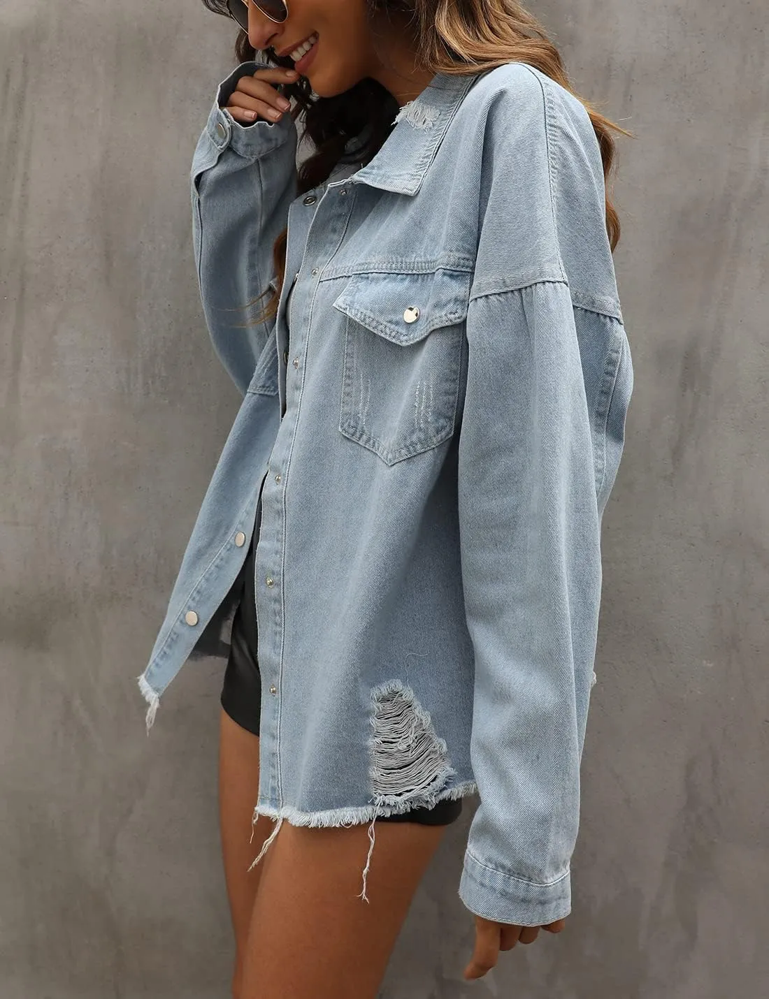 happlan Women's Ripped Distressed Casual Denim Jacket Jeans Coat Plus Size Oversize