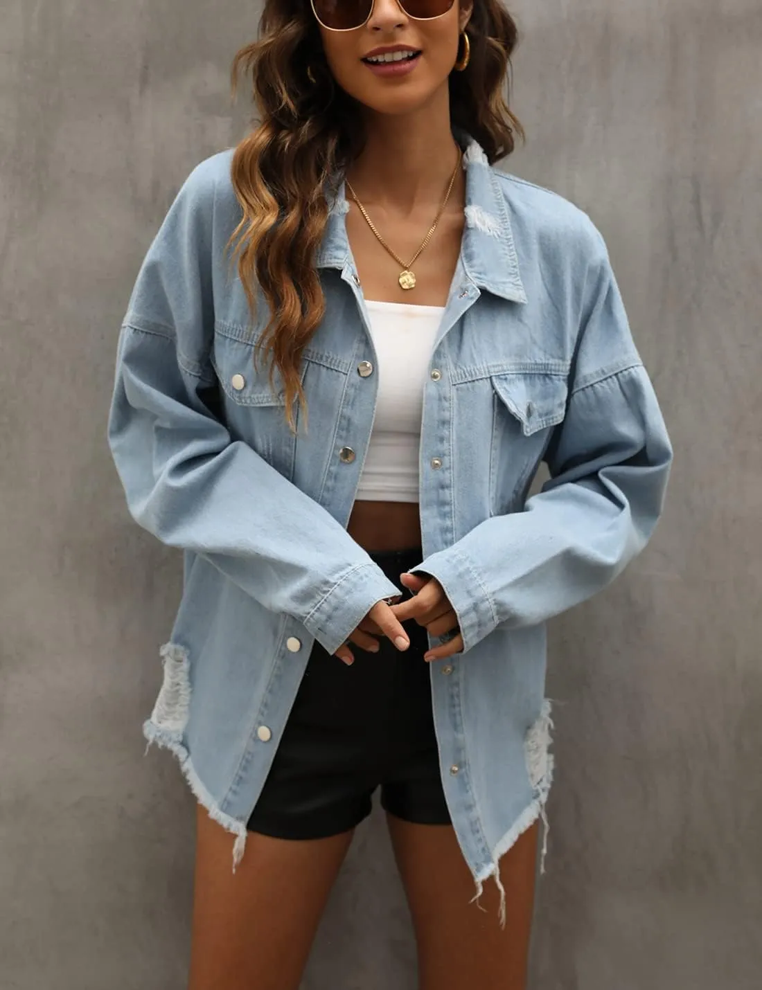 happlan Women's Ripped Distressed Casual Denim Jacket Jeans Coat Plus Size Oversize