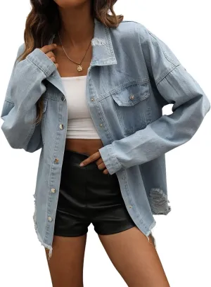 happlan Women's Ripped Distressed Casual Denim Jacket Jeans Coat Plus Size Oversize