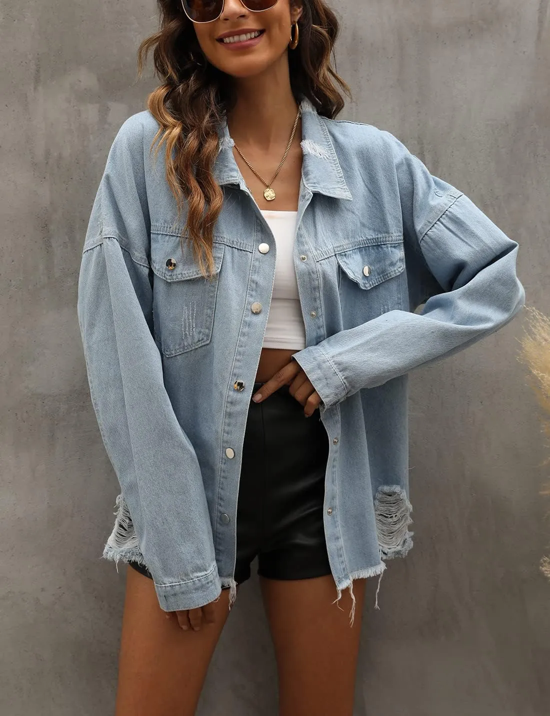 happlan Women's Ripped Distressed Casual Denim Jacket Jeans Coat Plus Size Oversize