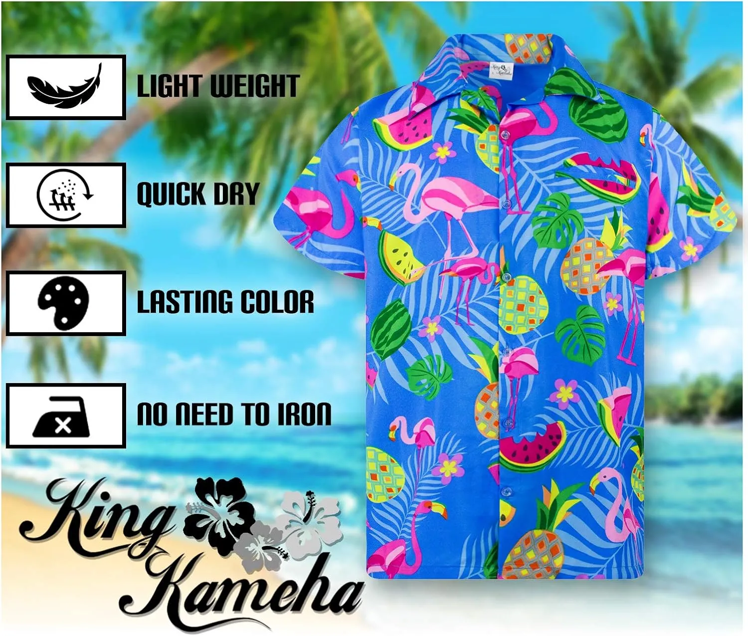 Hawaiian Shirt for Men Fruit-Desing Flamingos Regular-Shirts Short-Sleeve Button-Down Vacation
