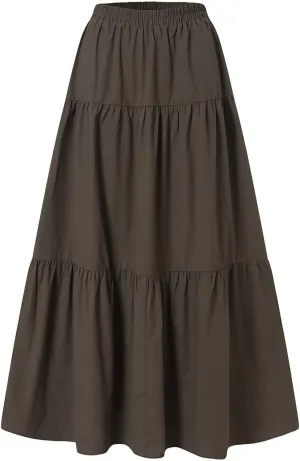 HengShunRui Women Loose Pleated Long Skirt High Waist Midi Skirts