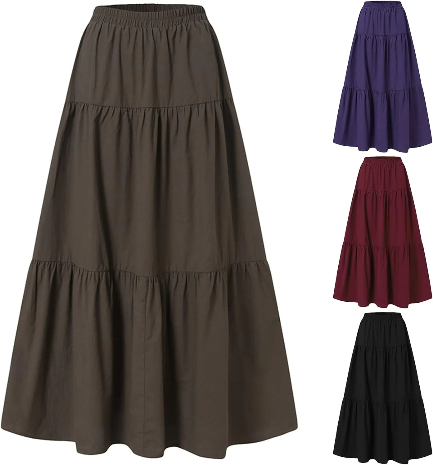 HengShunRui Women Loose Pleated Long Skirt High Waist Midi Skirts