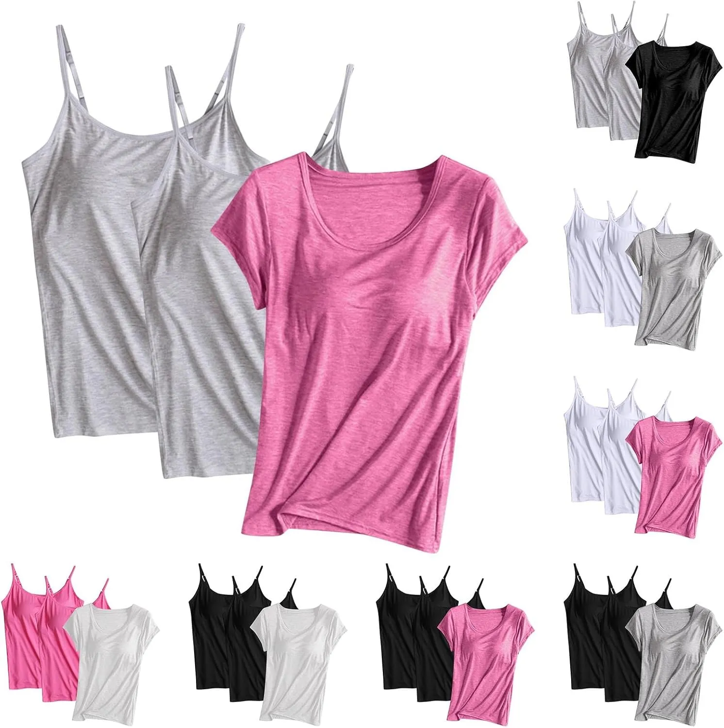 HGps8w Women's Adjustable Spaghetti Strap Shelf Bra Camisoles Tops Basic Bulit-in Bra Short Sleeve Modal T-Shirt Pack of 3