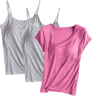 HGps8w Women's Adjustable Spaghetti Strap Shelf Bra Camisoles Tops Basic Bulit-in Bra Short Sleeve Modal T-Shirt Pack of 3